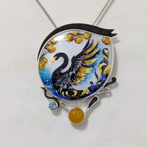 Black Swan. Brooch/Pendant. Georgian Cloisonne enamel. Jewelry, sterling silver. Handmade Jewelry. . Gemstone Amber