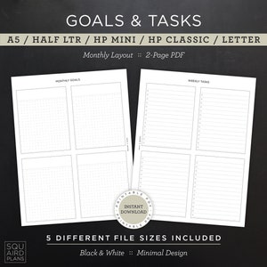 Diseño de objetivos y tareas • Planificador mensual imprimible sin fecha • A5, media carta, HP Mini, HP Classic, HP Big/Carta • PDF de 2 páginas (Descargar)
