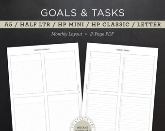 Goals and Tasks Layout • Undated Monthly Planner Printable • A5, Half Letter, HP Mini, HP Classic, HP Big / Letter • 2-Page pdf (Download)