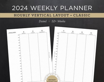 2024 Weekly Planner Printable • Hourly Vertical Layout • 7" x 9.25" HP Classic Size • Minimal, Neutral Design • 2 Page Spread (PDF)