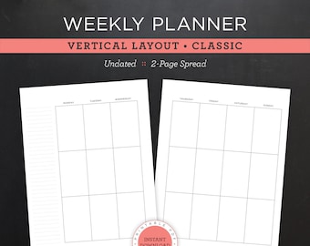 Op de afbeelding: Een zwart-witte printbare weekplanner met een verticale lay-out. De planner is niet gedateerd en heeft een klassiek ontwerp. Hij is 17,78 cm bij 23,5 cm en wordt afgedrukt op HP Classic papier.