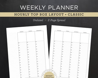 Undated Weekly Planner Printable • Hourly Top Box Layout • 7" x 9.25" HP Classic Size • Minimal, Neutral Design • 2 Page Spread (Download)