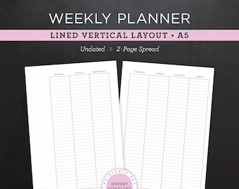 Undated Weekly Planner Printable • Lined Vertical Layout • 5.83" x 8.27" A5 Size • Minimal, Neutral Design • 2 Page Spread (Download)