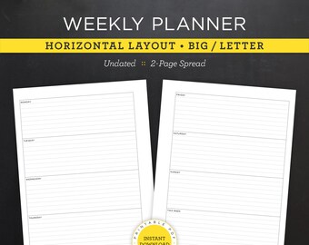 Undated Weekly Planner Printable • Horizontal Layout • 8.5"x11" Letter/Binder/HP Big Size • Minimal, Neutral Design • 2 Pg Spread (Download)