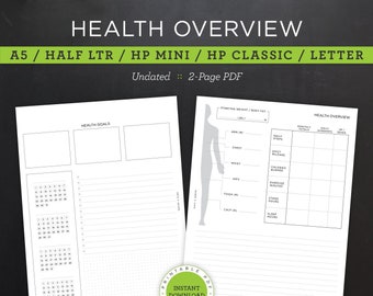 May include: Black and white printable health tracker with sections for health goals, daily steps, calories burned, exercise minutes, stand hours, and sleep hours. The tracker also includes a body measurement chart with sections for starting weight, body fat, arm, chest, waist, hips, thigh, and calf. The text "HEALTH OVERVIEW" is at the top of the page. The text "Undated: 2-Page PDF" is below the title. The text "5 DIFFERENT FILE SIZES INCLUDED" is at the bottom of the page. The text "Black & White :: Minimal Design" is below the text about file sizes.