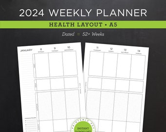 2024 Weekly Planner Printable • Health Layout • 5.83" x 8.27" A5 Size • Minimal, Neutral Design • 2 Page Spread (Download)