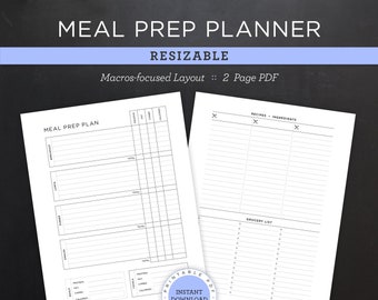 Meal Prep Menu Planner • Macros Meal Plan/Tracker with Recipes & Grocery List • Resizable Planner Printable • 8.5”x11” Letter Size (PDF)