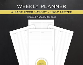 Undated Weekly Planner Printable • 4-Page Week Layout • 5.5" x 8.5" Half Letter/Junior Size • Minimal, Neutral Design • 2 Days Per Pg (PDF)