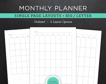 Undated Monthly Planner Printable • Single Page Layouts • 8.5"x11" Letter/Binder/HP Big Size • Minimal, Neutral Design • 3 Options (PDF)