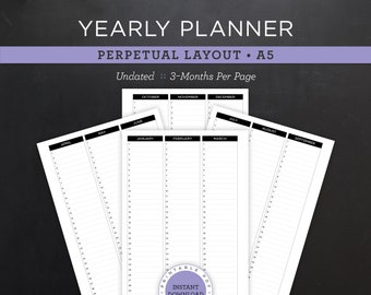 Undated Yearly Planner Printable • Perpetual Layout • 5.83" x 8.27" A5 Size • Minimal, Neutral Design • 4 Pages (Download)