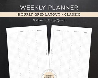 Undated Weekly Planner Printable • Hourly Grid Layout • 7" x 9.25" HP Classic Size • Minimal, Neutral Design • 2 Page Spread (Download)