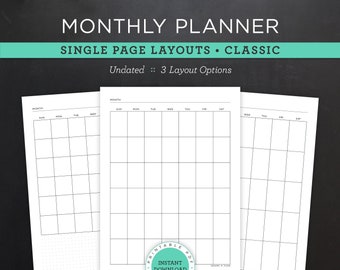 Agenda mensuel non daté imprimable • Mises en page d'une seule page • Format classique HP 7 x 9,25 po • Design minimaliste et neutre • 3 options (téléchargement PDF)