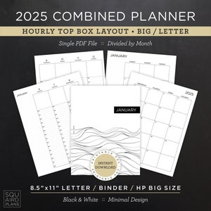 Planejador combinado 2025 para impressão • Layout de caixa superior por hora • 8,5"x11" Carta/Fichário/HP Tamanho grande • Design mínimo e neutro (download instantâneo)