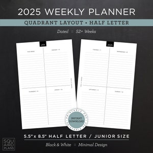 Planejador semanal 2025 para impressão • Layout quadrante • 5,5" x 8,5" meia carta/tamanho júnior • Design mínimo e neutro • 2 páginas abertas (download)
