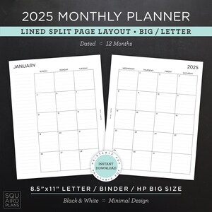 Planificador mensual 2025 imprimible • Diseño de páginas divididas con líneas • Carta/carpeta/HP de 8,5"x11" tamaño grande • Diseño minimalista y neutro (descarga instantánea)