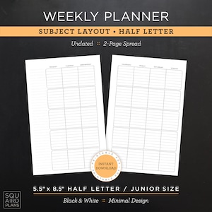 Planificador semanal sin fecha imprimible • Diseño del tema • Media carta/tamaño junior de 5,5" x 8,5" • Diseño minimalista y neutro • Doble página (descargar)