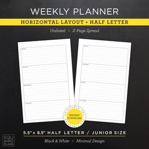 Undated Weekly Planner Printable • Horizontal Layout • 5.5&quot; x 8.5&quot; Half Letter/Junior Size • Minimal, Neutral Design • 2 Page Spread (PDF)