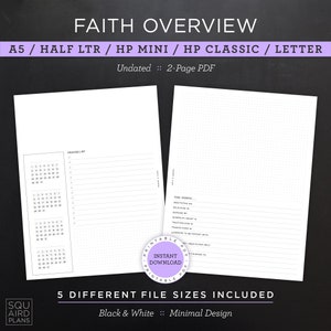 Diseño general de Faith • Planificador mensual sin fecha imprimible • A5, media carta, HP Mini, HP Classic, HP grande/carta • PDF de 2 páginas (descargar)