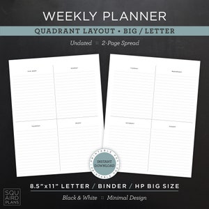 Planificador semanal sin fecha imprimible • Diseño de cuadrante • Carta/carpeta/HP de 8,5"x11" tamaño grande • Diseño minimalista y neutro • Doble página (descargar)