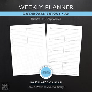 Undated Weekly Planner Printable • Dashboard Layout • 5.83&quot; x 8.27&quot; A5 Size • Minimal, Neutral Design • 2 Page Spread (Download)