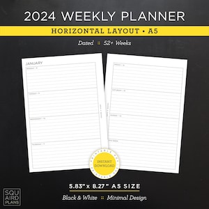 2024 Weekly Planner Printable • Horizontal Layout • 5.83" x 8.27" A5 Size • Minimal, Neutral Design • 2 Page Spread (Download)