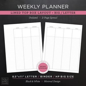 Planejador semanal sem data para impressão • Layout de caixa superior forrada • Carta/Fichário/HP tamanho grande 8,5"x11" • Design mínimo e neutro • Página espelhada em 2 páginas (PDF)