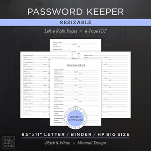 Password Keeper • Online Password Tracker Log Insert • Resizable Planner Printable • 8.5”x11” Letter Size PDF (Instant Download)