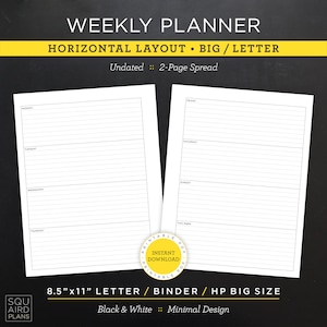 Planificador semanal sin fecha imprimible • Diseño horizontal • Carta/carpeta/HP de 8,5"x11" tamaño grande • Diseño minimalista y neutro • Extensión de 2 páginas (descargar)