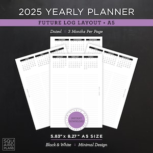 2025 年年間プランナー 印刷可能 • 未来ログ レイアウト • 5.83" x 8.27" A5 サイズ • ミニマルでニュートラルなデザイン • 4 ページ + ボーナス (ダウンロード)