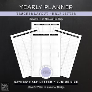日付なしの年間プランナー印刷可能 • トラッカーレイアウト • 5.5" x 8.5" ハーフレター/ジュニアサイズ • ミニマルでニュートラルなデザイン • 4 ページ (ダウンロード)