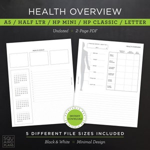 Health Overview Layout • Undated Monthly Planner Printable • A5, Half Letter, HP Mini, HP Classic, HP Big / Letter • 2-Page pdf (Download)