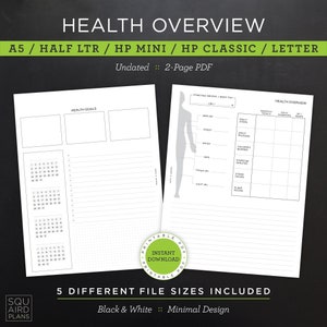 Diseño de descripción general de salud • Planificador mensual sin fecha imprimible • A5, media carta, HP Mini, HP Classic, HP grande/carta • PDF de 2 páginas (descargar)