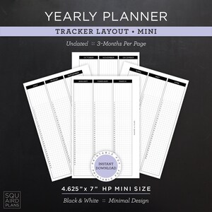 日付なしの年間プランナー印刷可能 • トラッカーレイアウト • 4.625" x 7" HP ミニサイズ • ミニマルでニュートラルなデザイン • 4 ページ (ダウンロード)