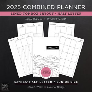Planejador combinado 2025 para impressão • Layout de caixa superior forrada • 5,5" x 8,5" meia carta/tamanho júnior • Design mínimo e neutro (download instantâneo)