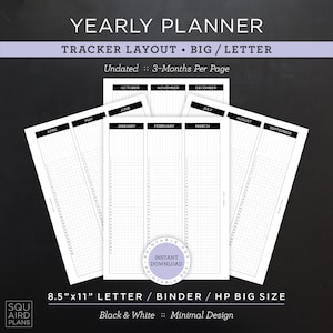 Planificador anual sin fecha imprimible • Diseño de seguimiento • Carta/carpeta/HP de 8,5"x11" tamaño grande • Diseño minimalista y neutro • 4 páginas (descargar)