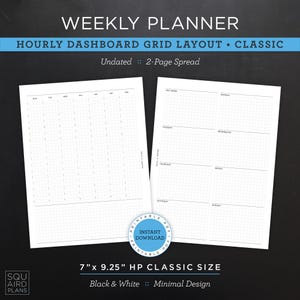 Niedatowany tygodniowy planer do druku • Układ siatki pulpitu godzinowego • 7" x 9,25" Rozmiar HP Classic • Minimalistyczny, neutralny projekt • Rozkładówka 2-stronicowa (PDF)