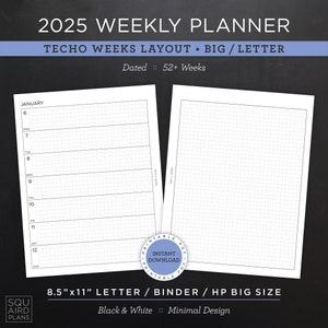 Planificador semanal 2025 imprimible • Diseño de semanas en el techo • Carta/carpeta/HP de 8,5"x11" tamaño grande • Diseño minimalista y neutro • 2 páginas (descargar)