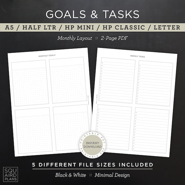 Goals and Tasks Layout • Undated Monthly Planner Printable • A5, Half Letter, HP Mini, HP Classic, HP Big / Letter • 2-Page pdf (Download)