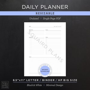 Planificador diario • Inserción del planificador diario sin fecha • Planificador imprimible de tamaño variable • PDF tamaño carta de 8,5”x11” (descarga instantánea)