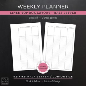 Planejador semanal sem data para impressão • Layout de caixa superior forrada • 5,5" x 8,5" meia carta/tamanho júnior • Design mínimo e neutro • Página espelhada de 2 páginas (PDF)