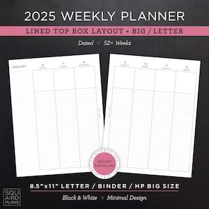 Planificador semanal 2025 imprimible • Diseño de caja superior forrada • Carta/carpeta/HP de 8,5"x11" tamaño grande • Diseño minimalista y neutro • Doble página (PDF)