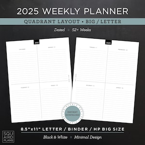 Planificador semanal 2025 imprimible • Diseño de cuadrante • Carta/carpeta/HP de 8,5"x11" tamaño grande • Diseño minimalista y neutro • 2 páginas (descargar)