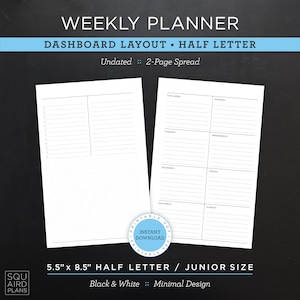 Undated Weekly Planner Printable • Dashboard Layout • 5.5&quot; x 8.5&quot; Half Letter/Junior Size • Minimal, Neutral Design • 2 Page Spread