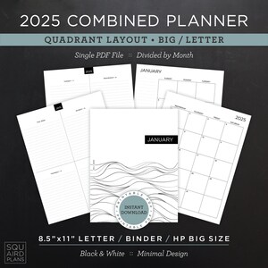 Planejador combinado 2025 para impressão • Layout quadrante • Carta/Fichário/HP tamanho grande 8,5"x11" • Design minimalista e neutro (download instantâneo)