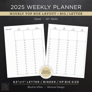 Planejador semanal 2025 para impressão • Layout de caixa superior por hora • Carta/Fichário/HP tamanho grande 8,5"x11" • Design mínimo e neutro • Página espelhada em 2 páginas (PDF)