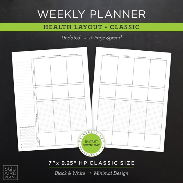 Undated Weekly Planner Printable • Health Layout • 7" x 9.25" HP Classic Size • Minimal, Neutral Design • 2 Page Spread (Download)