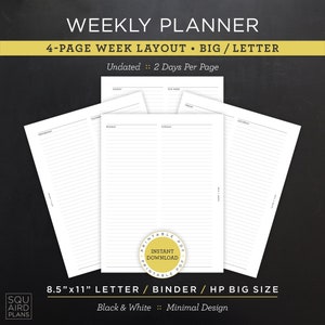 Planificador semanal sin fecha imprimible • Diseño semanal de 4 páginas • Carta/carpeta/HP de 8,5"x11" tamaño grande • Diseño minimalista y neutro • 2 días por página (PDF)