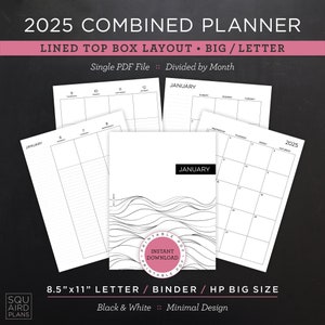 Planejador combinado 2025 para impressão • Layout de caixa superior forrada • 8,5"x11" Carta/Fichário/HP Tamanho grande • Design mínimo e neutro (download instantâneo)