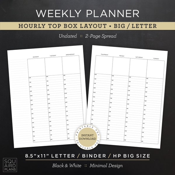 Undated Weekly Planner Printable • Hourly Top Box Layout • 8.5"x11" Letter/Binder/HP Big Size • Minimal, Neutral Design (Instant Download)