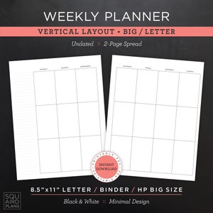 Planificador semanal sin fecha imprimible • Diseño vertical • Carta/carpeta/HP de 8,5"x11" tamaño grande • Diseño minimalista y neutro • Doble página (descargar)